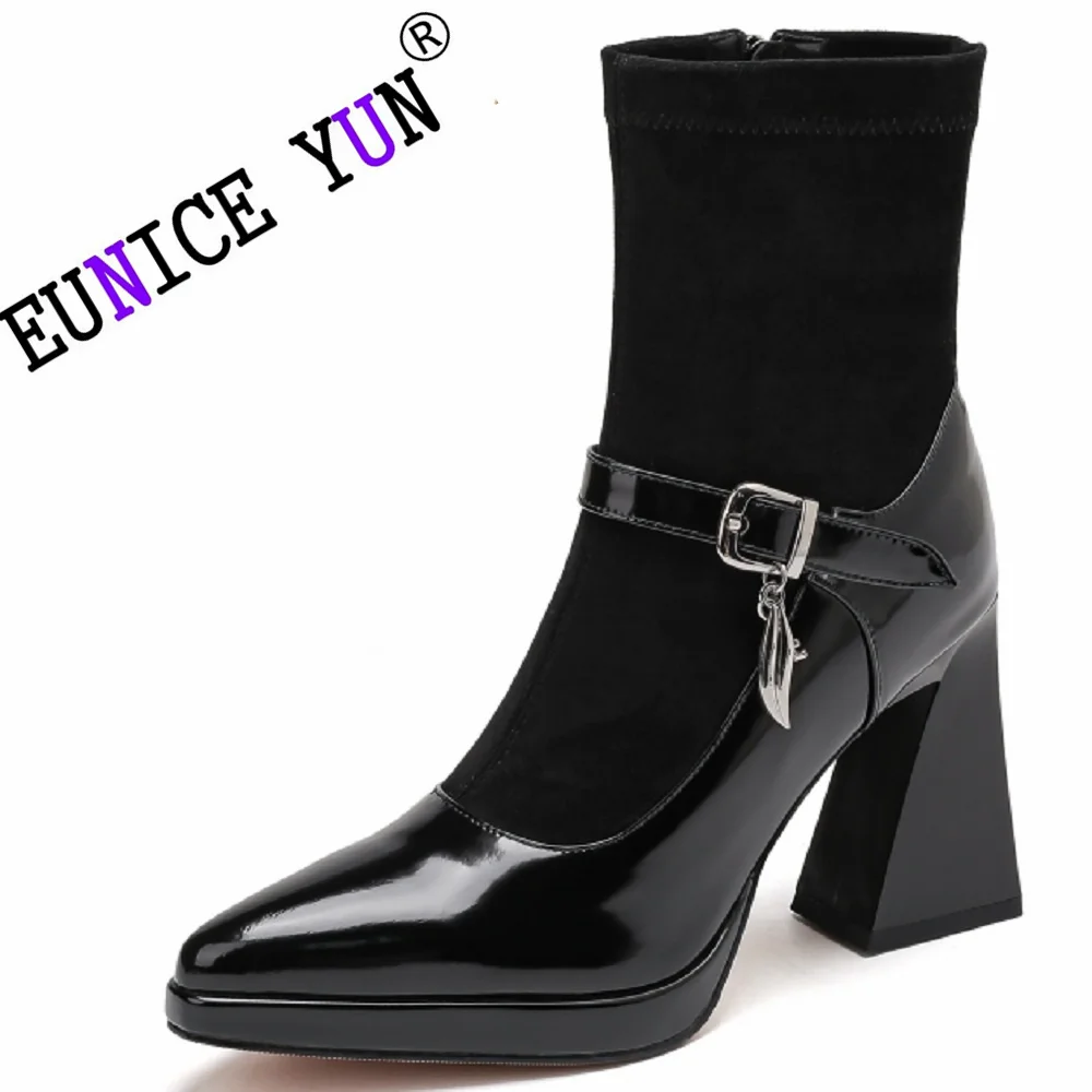 

【EUNICE YUN】New Autumn Women Genuine Leather Boots Pointed Toe Shoes Winter Boots High Heels Modern Boots 33-40