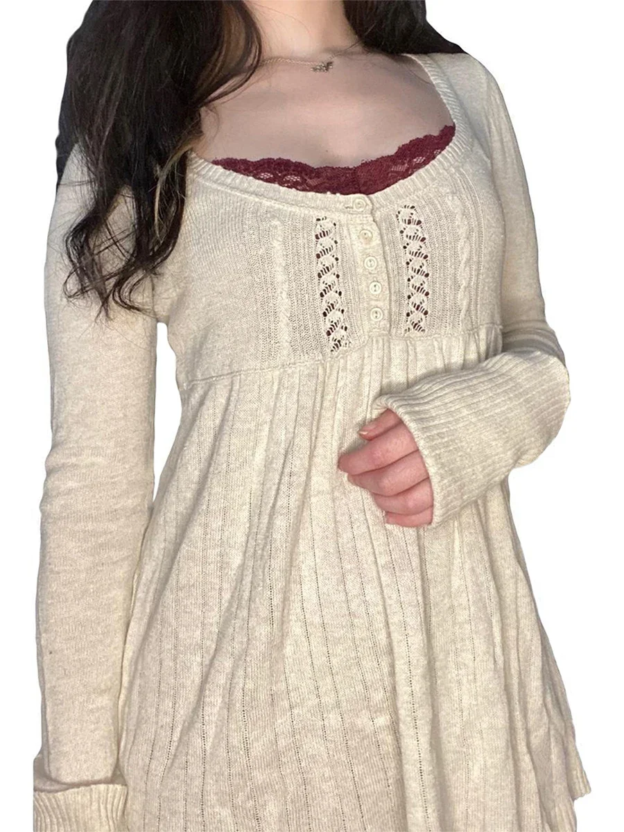 เสื้อสเวตเตอร์ไหมพรมผู้หญิงแฟชั่นใหม่ปี 2025 แขนยาว คอเหลี่ยม ติดกระดุม สีพื้น สำหรับฤดูใบไม้ร่วง