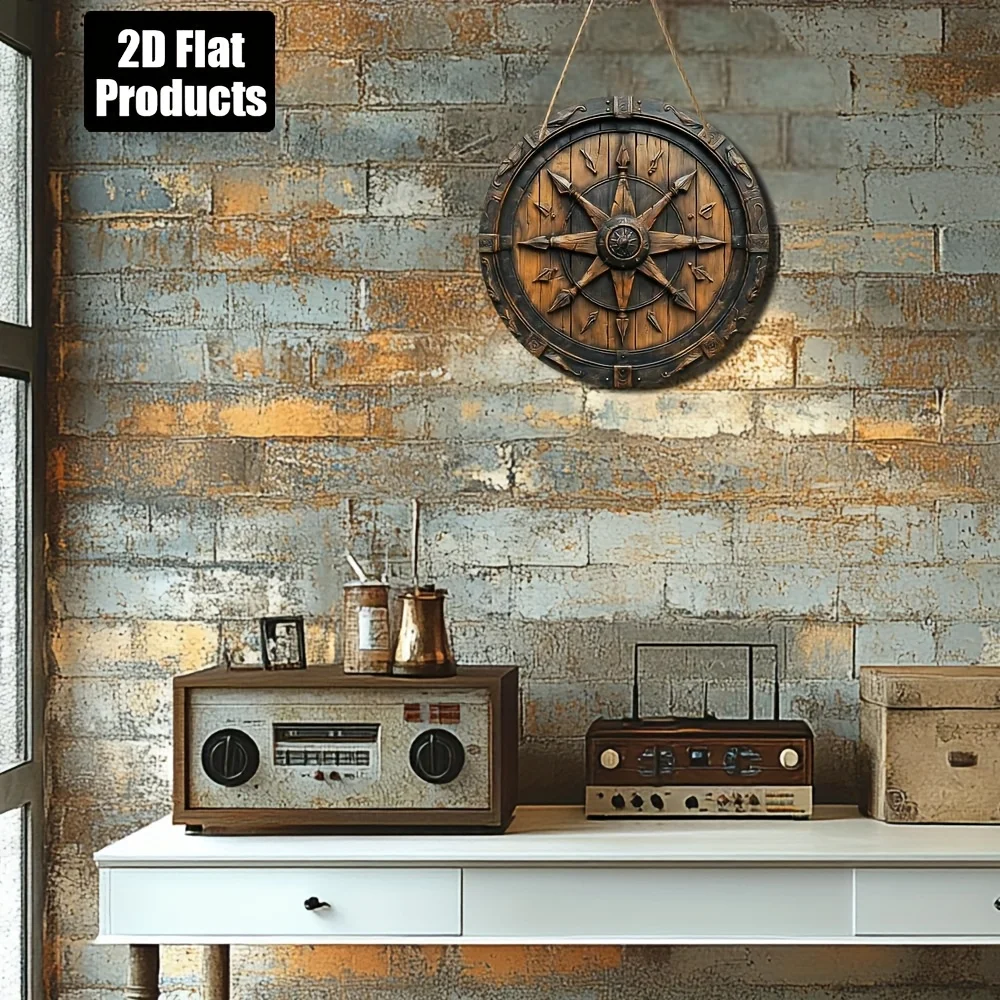 2D Flat, 1pc, Round Wooden Decorative Sign with Viking Shield Theme, Suitable for Bar Kitchen Cafe Home Living Room Office Decor