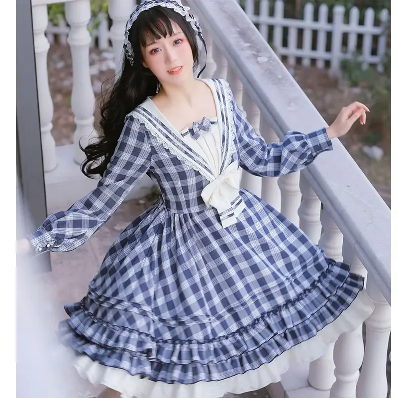 The Rhine River ~ Classic Sailor Collar Long Sleeve Plaid Lolita Dress by Strawberry Witch