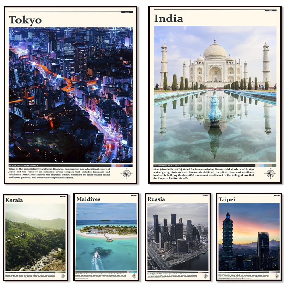 Kerala, Maldivas, Nepal, Sri Lanka, Punjab, Tokio, Vietnam, Tailandia, Shenzhen, Seúl, Rusia, Filipinas, Asia carteles de viaje
