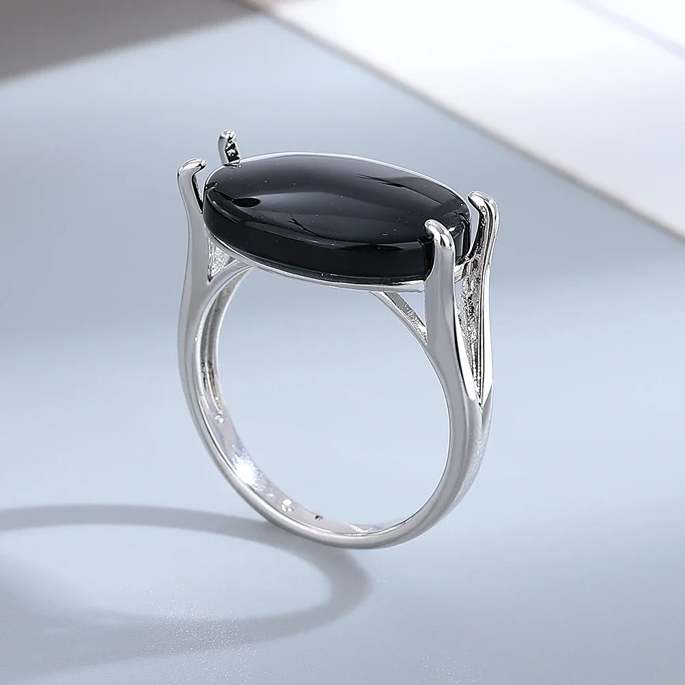 13*18mm Oval Big Black Agate Stone Silver Jewelry Ring Natural  Vintage Ring For Women Party Gifts