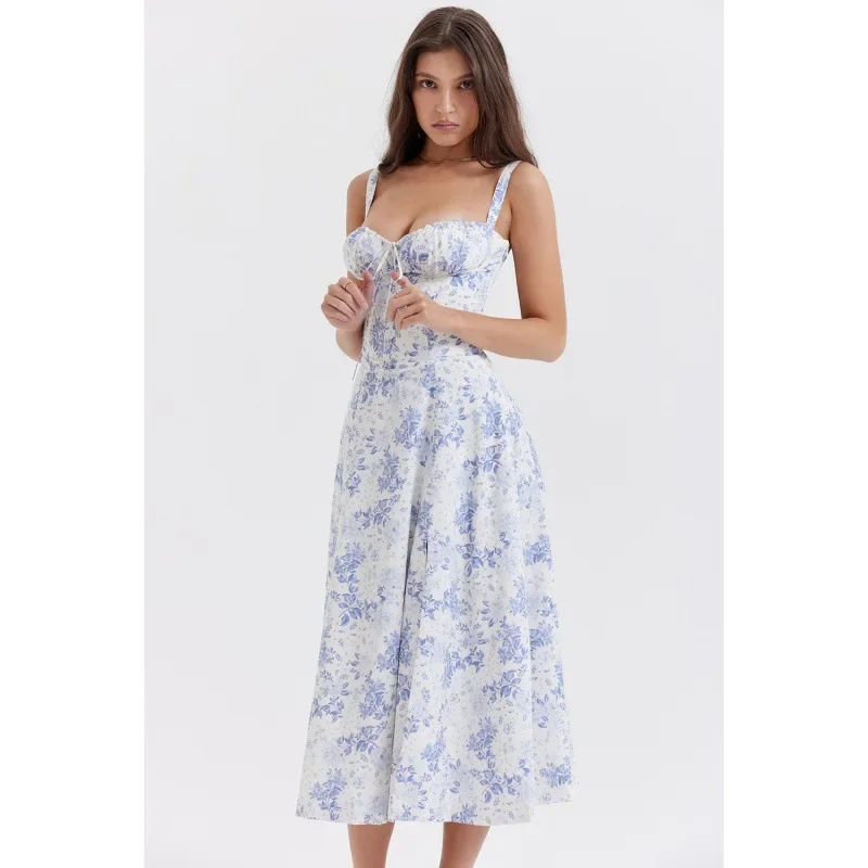 Solid Color Floral Printed Women Dress 2024 Summer Elegant Solid Slim Sleeveless Slip Female Side Split Waist Lady A-line Robe