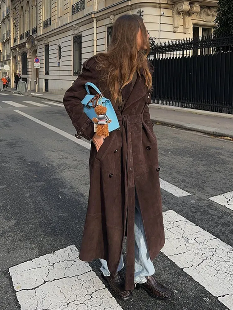 

Осенние повседневные офисные женские пальто 2024, винтажная коричневая замшевая куртка для женщин, двубортная верхняя одежда с отложным воротником и поясом