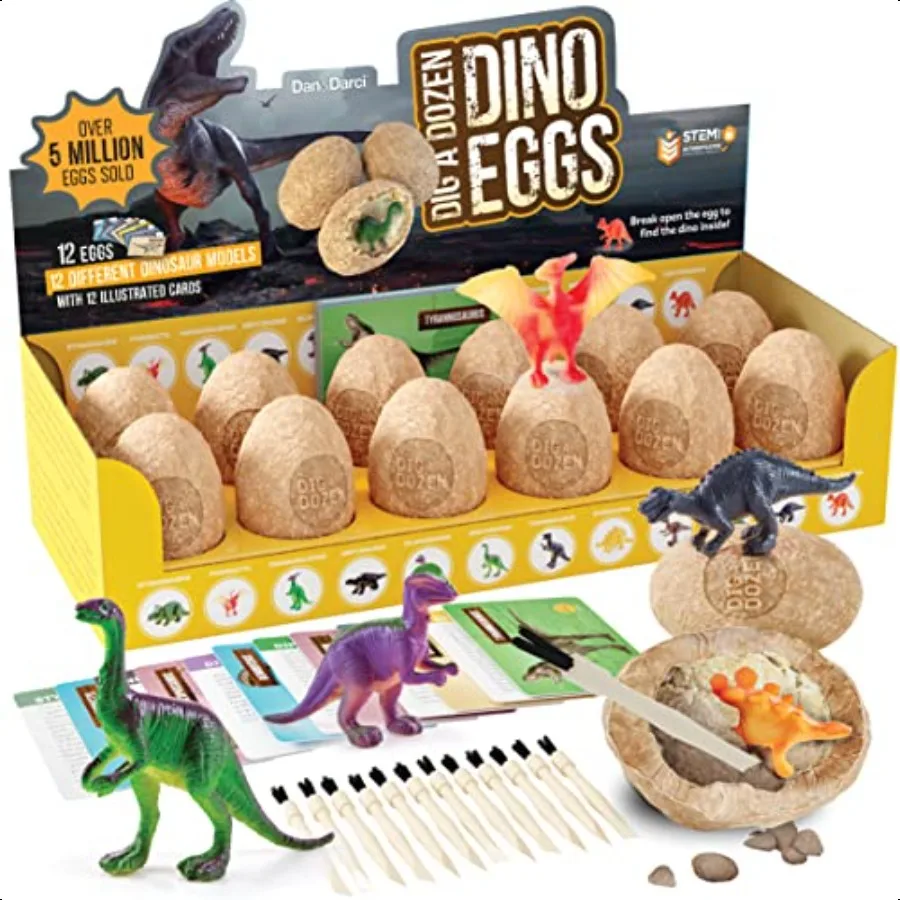 

DanDarci Dig a Dozen Dino Egg Kit для игрушек динозавров, подарок 312 лет, 12 яиц, сюрприз, корзина с динозаврами, наполнители для научных STEM A