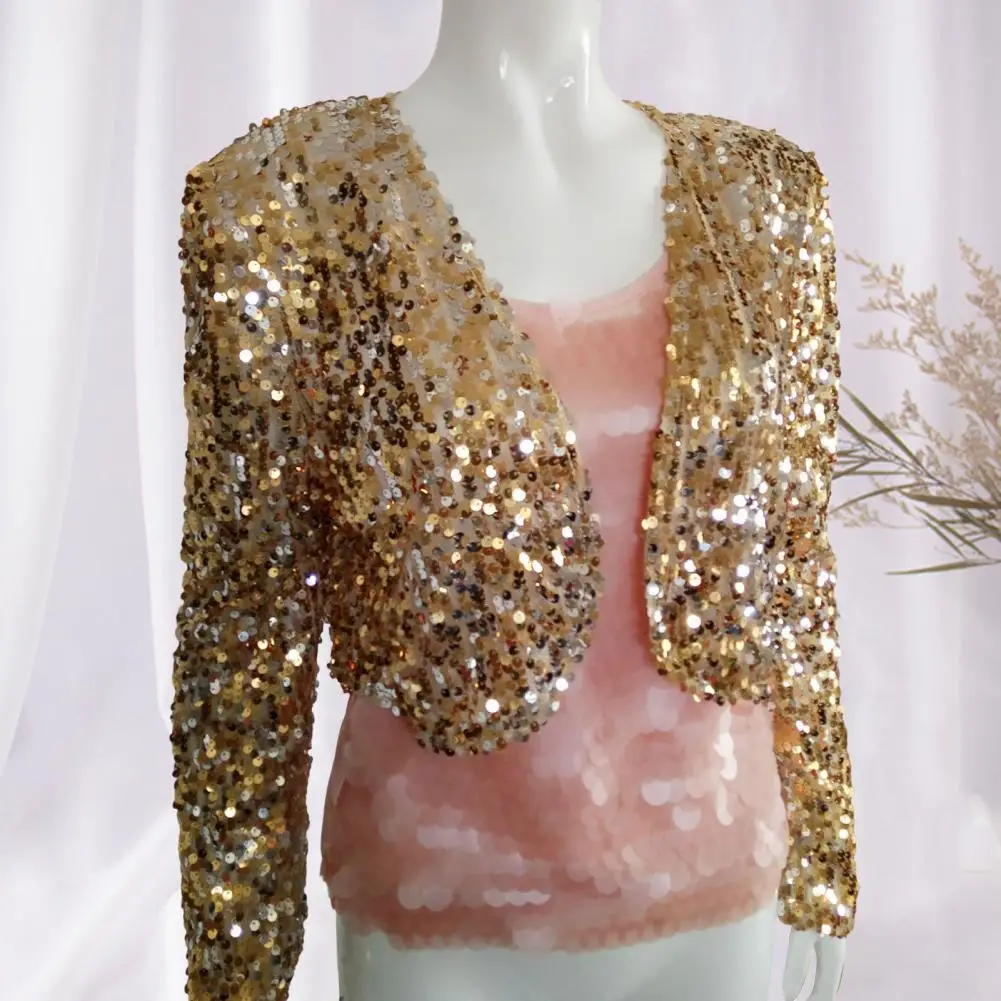 

Short Sequined Jacket Sequin Blouson Jacket for Women Elegant Long Sleeve Streetwear Coat with Glittery Sequins Fashionable