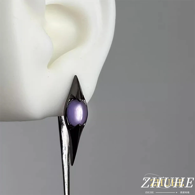 

Gothic Geometric Spike Earrings Purple Gemstone Accent Metal Earrings Edgy Streetwear Jewelry for Women and Men