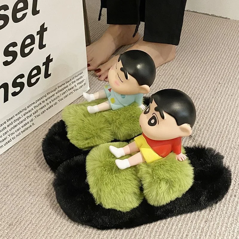 

Internet celebrity Crayon Shin chan hairy cotton slippers women's winter new item anti slip Korean version warm one line mop