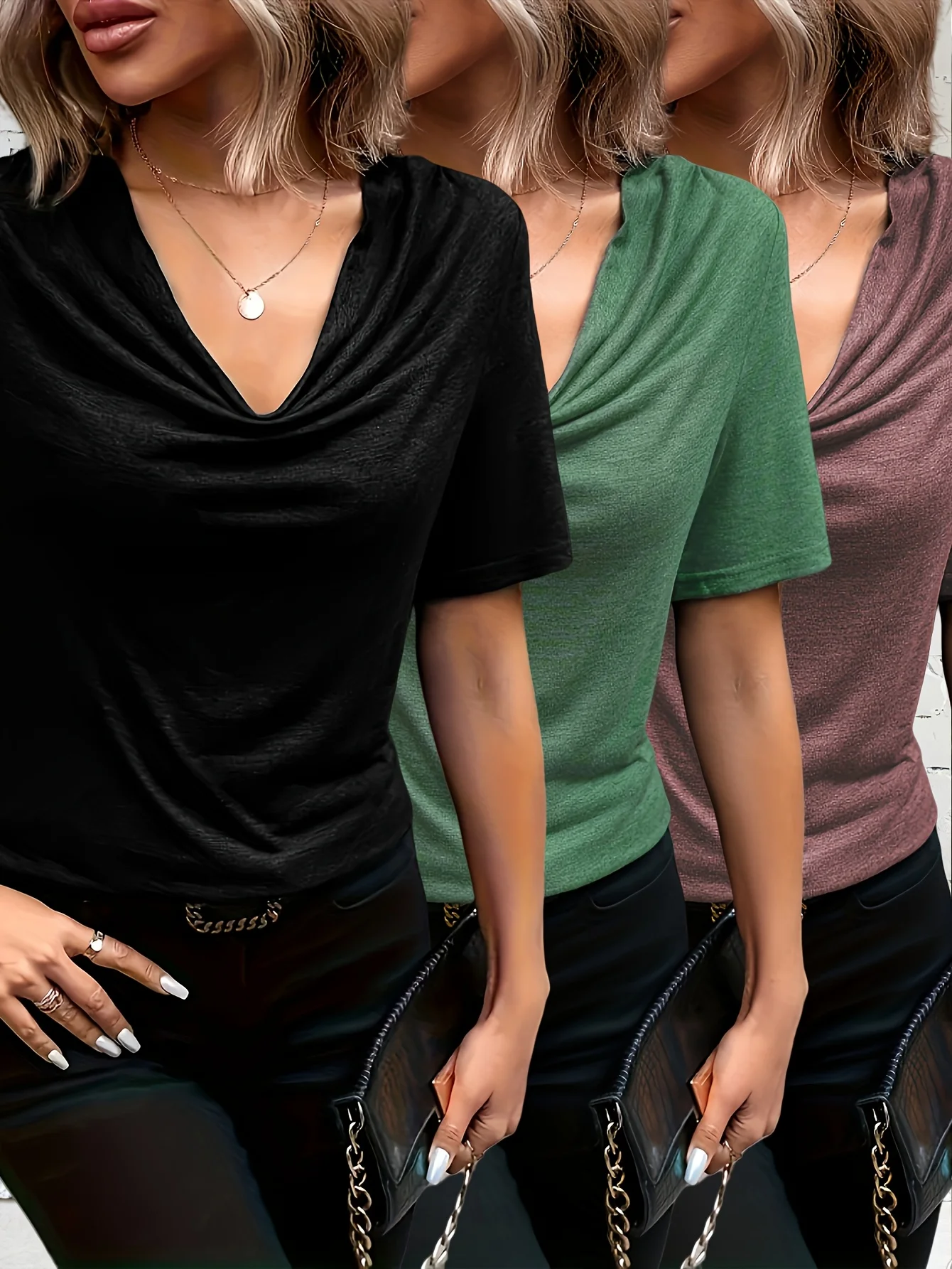 

European and American spring, summer and autumn solid color casual hanging collar T-shirt three-piece set
