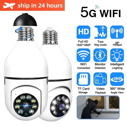 Cámara de vigilancia con bombilla E27, 2MP,5G, Wifi, visión nocturna, seguimiento humano automático, Zoom Digital 4X, vídeo, Monitor de seguridad inteligente para el hogar