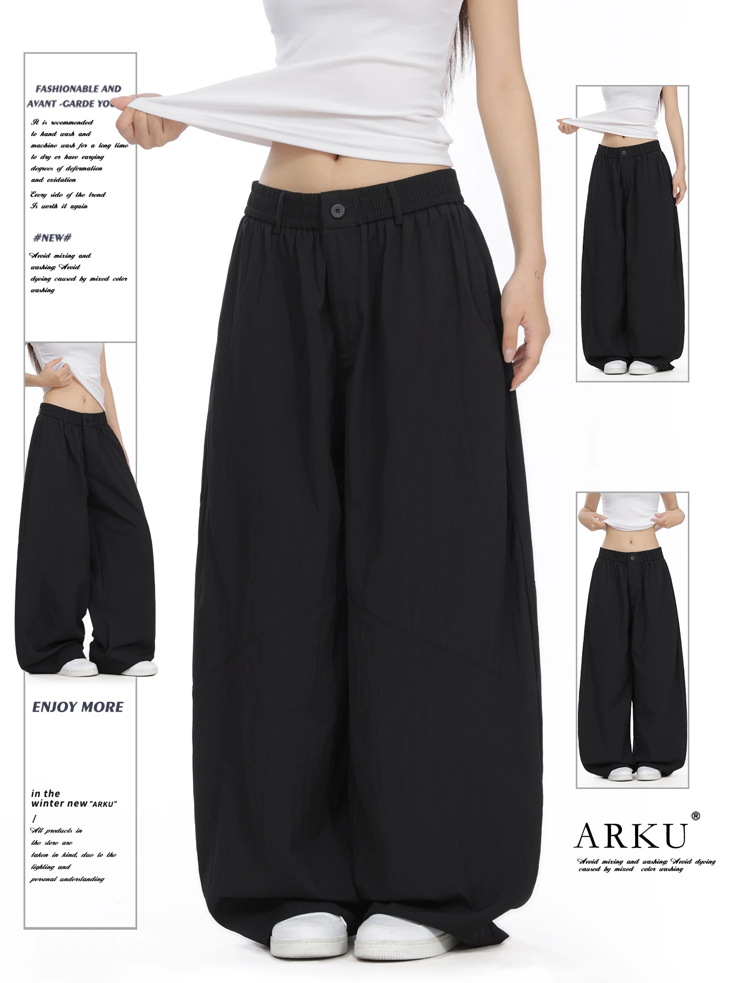 

American Style Ice Silk Loose Women's Casual Pants Draping Thin Wide Leg Pants Natural Waist Button Closure Casual Style