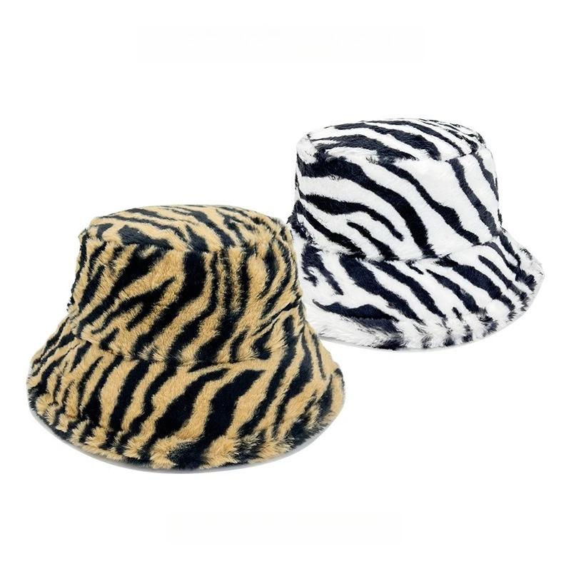 Unisex Fuzzy Zebra Tiger Print Bucket Hat Faux Fur Plush Wide Brim Fisherman Cap Trendy Headwear for Autumn Winter Daily Outfit