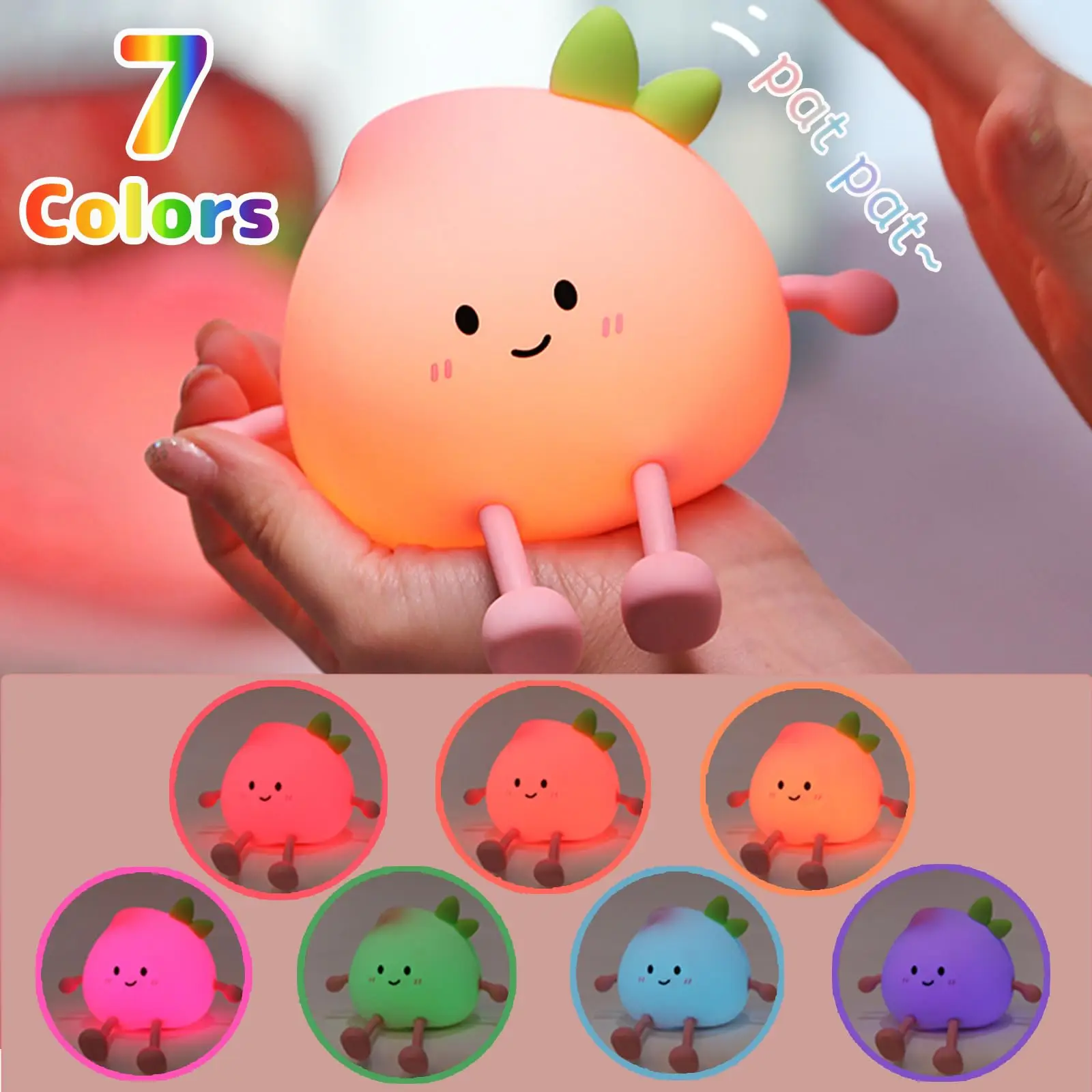 Night Light For Kids Cute Peach Soft Silicone Nursery Lamp 7 Colors Dimmable Touch Control Pat Light Bedside Kid Baby Nightlight
