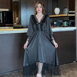 Women Nightdress Home Clothes Girl Long Sleeve Nightwear Lace V Neck Sleepwear Princess Style Gauze Nightgown Satin Night Dress