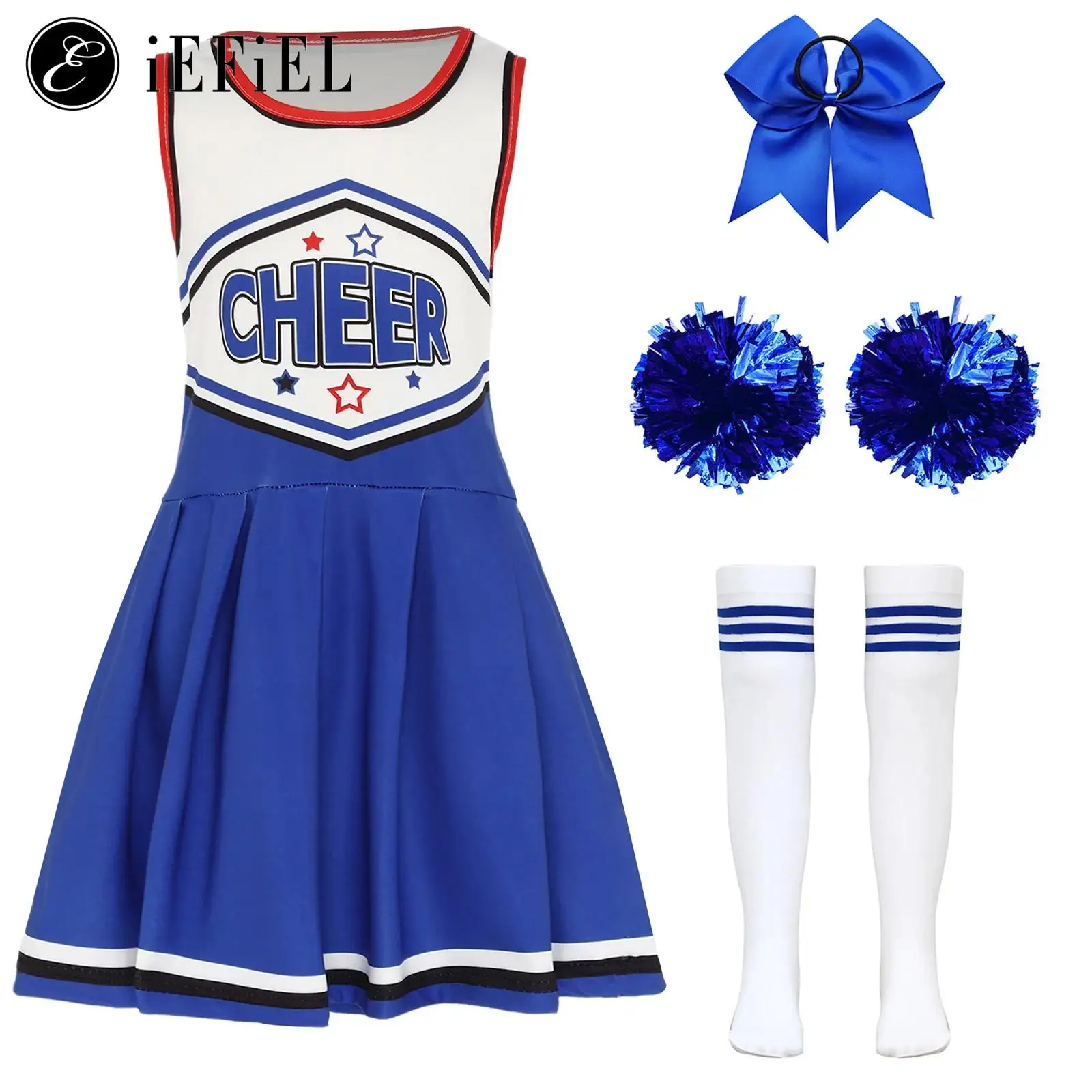 

Girls Cheerleader Dance Outfit Letter Print Sleeveless Pleated Cheer Dress Uniform Halloween School Cheerleading Performance Set