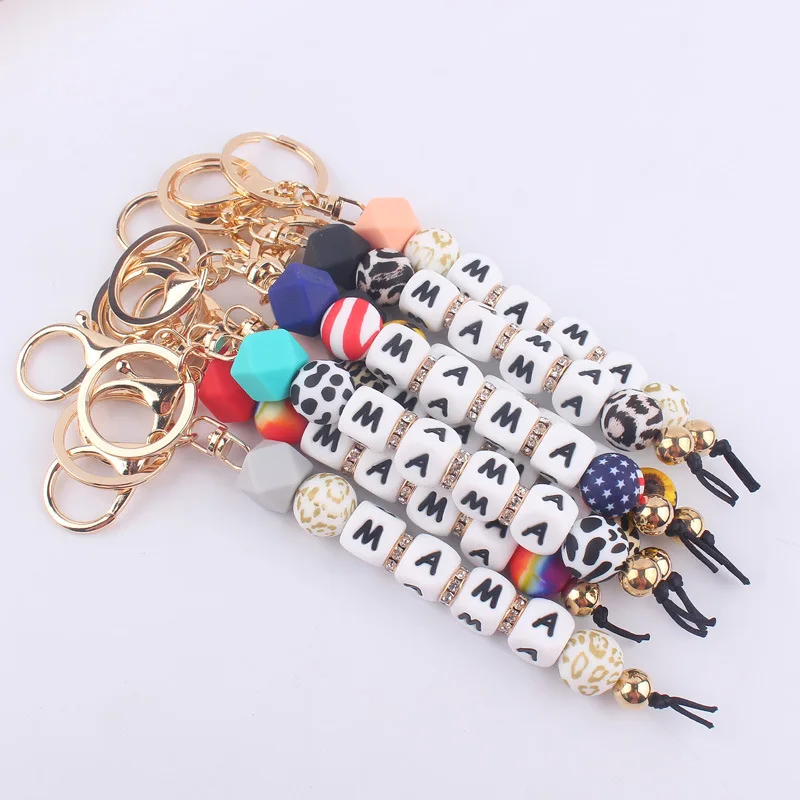 Creative Handmade Silicone Beads Keychain Leopard Print Letters Beaded Keyring For Anti-Drop Pendant Key Chains Women Girls Gift