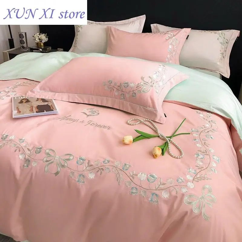 2024 New High-End Simple and Light Luxury Skin-Friendly Cotton Four-Piece Set Simple Embroidery Bedding Lily