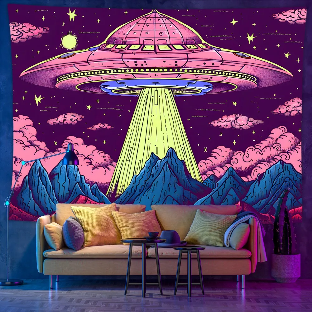 

UV Reactive UFO Tapestry Psychedelic Alien Space 2D Flat Printed Peach Skin Wall Hanging Bedroom Aesthetic Gamer Room Decor