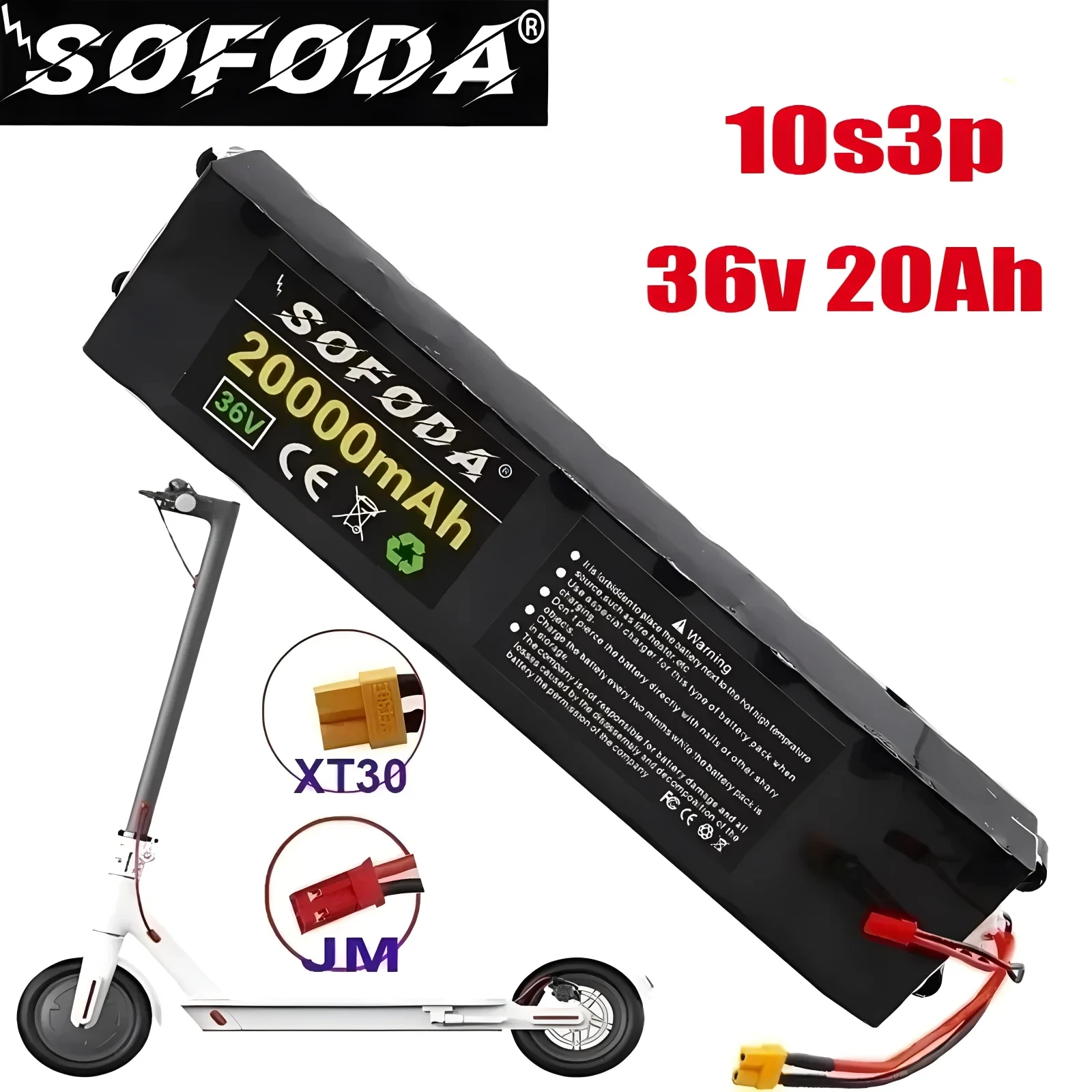 

36V 20Ah 18650 Rechargeable lithium Battery pack 10S3P 500W High power for Modified Bikes Scooter Electric Vehicle,With BMS XT30