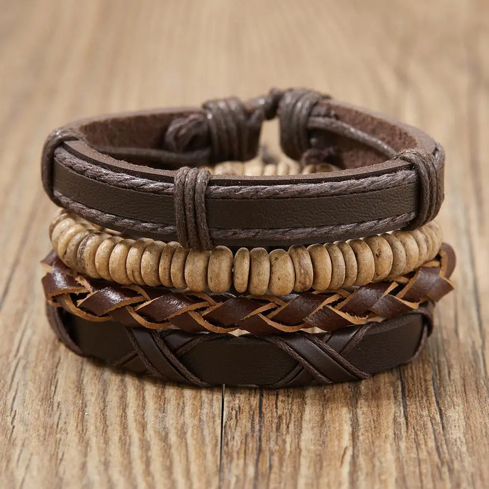 4Pcs/Set Boho Gypsy Hippie Punk Wooden Beige Coconut Wood Beads Brown Leather Cord Wrap Bracelets Set For Man