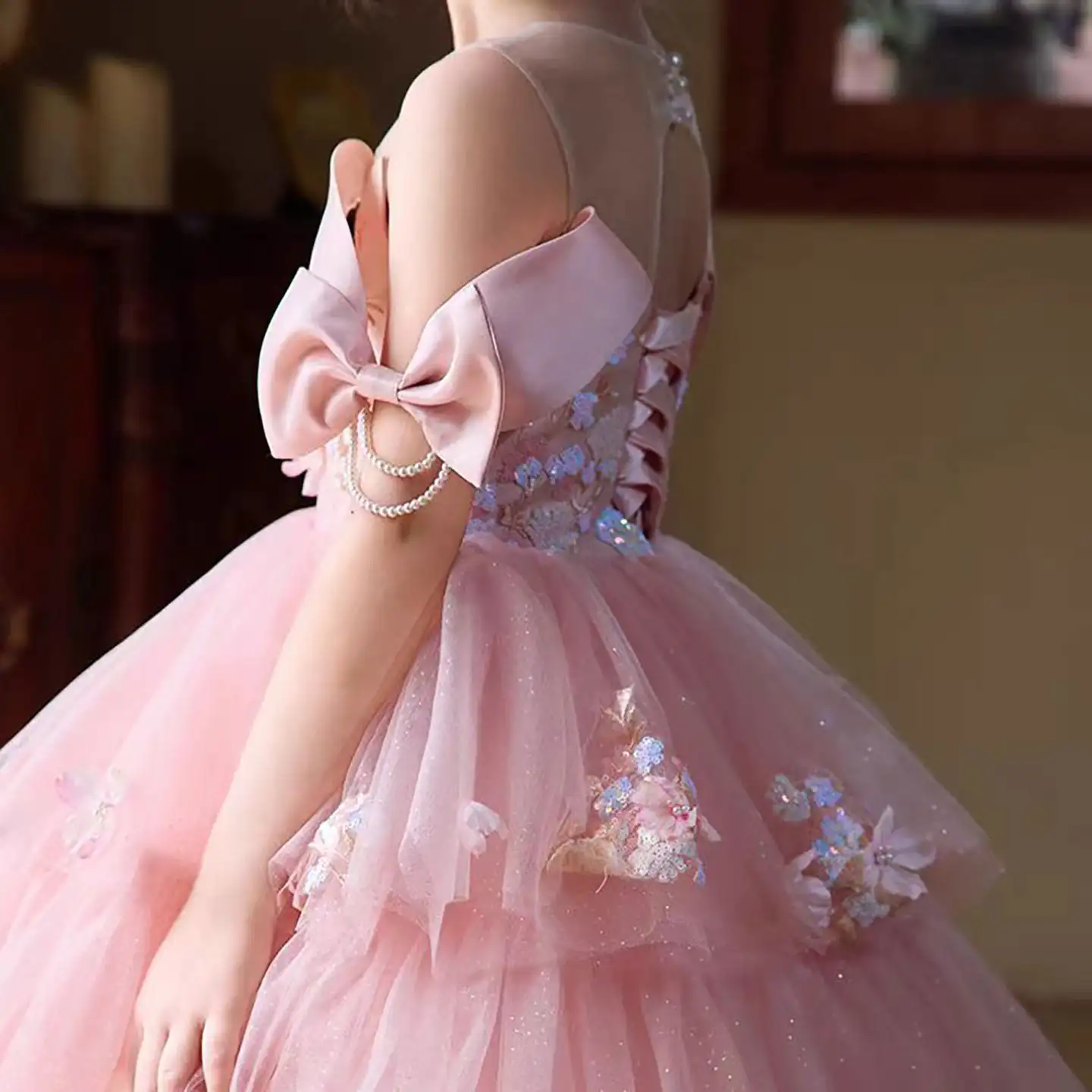 

POD Custom Off-Shoulder Tiered Tulle Flower Girl Dress vestidos de fiesta Elegant Princess Wedding Party Evening Pageant Dress
