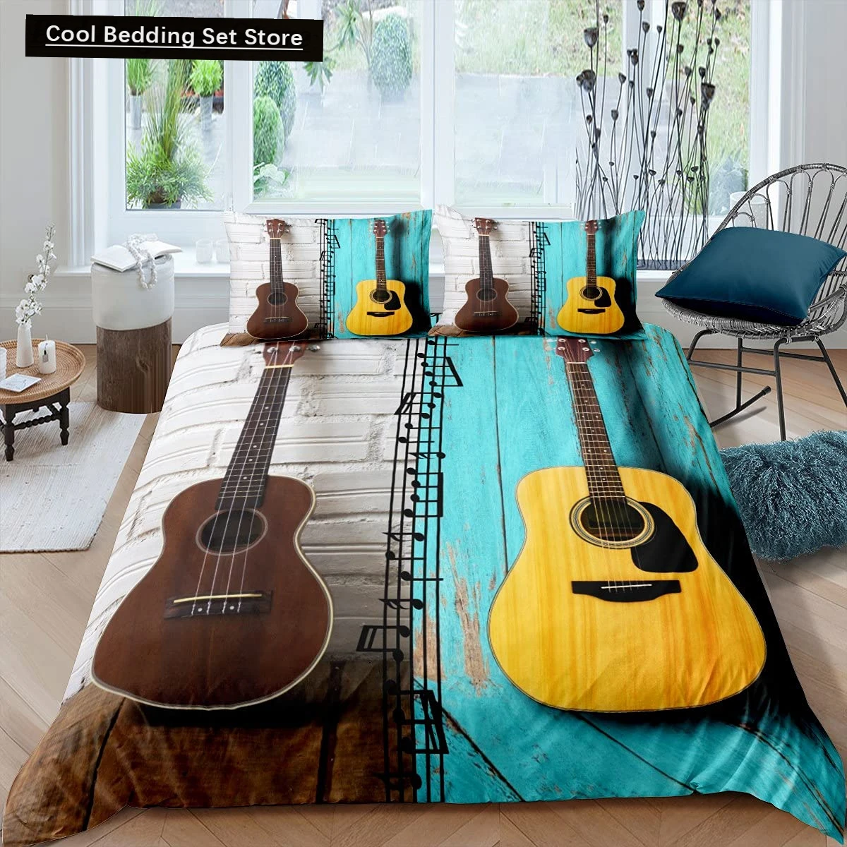 

Electric Guitar King Queen Duvet Cover Stringed Instrument Bedding Set Musical Note Quilt Cover Hippie Polyester Comforter Cover