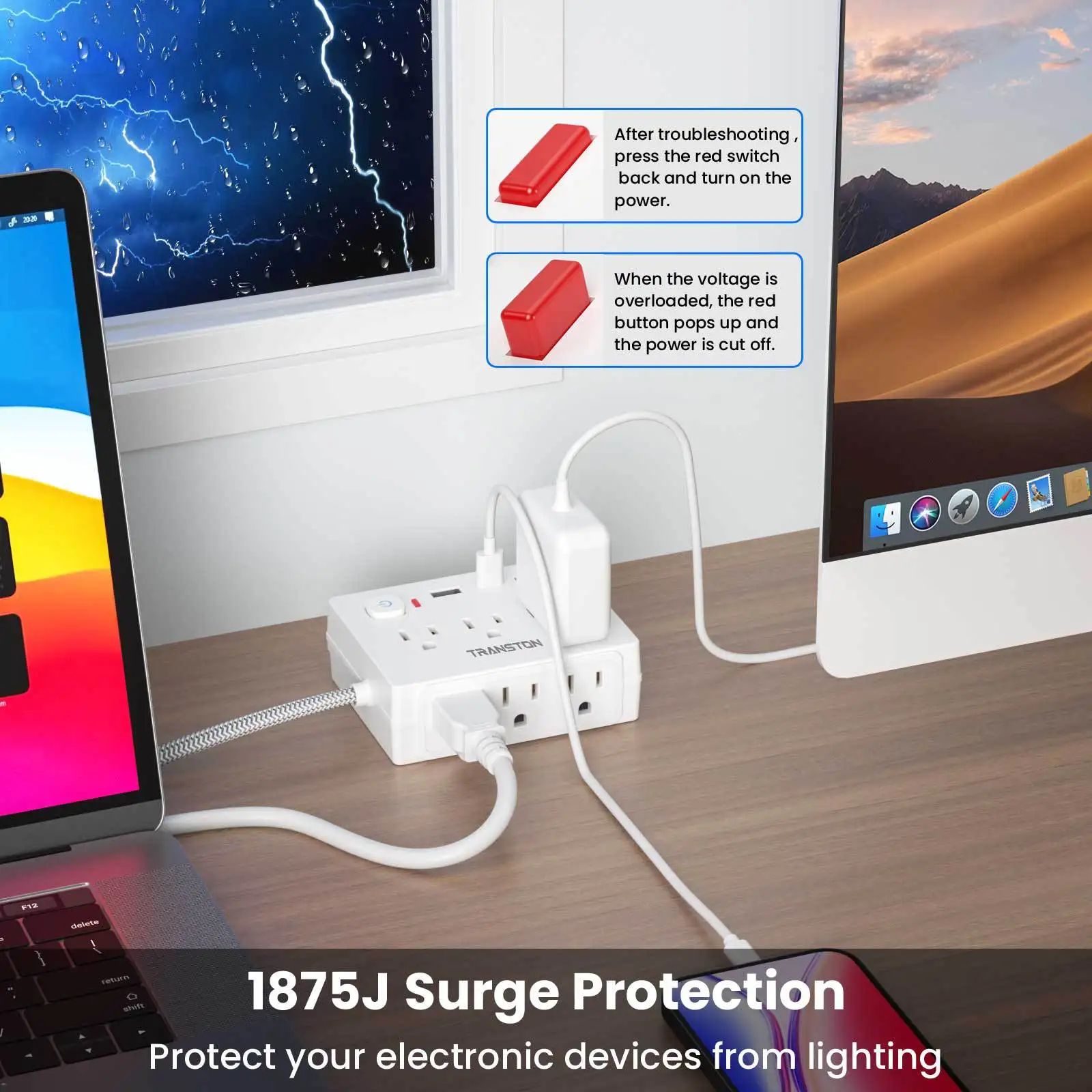 9-in-1 Flat Plug Power Strip Surge Protector, 6 AC Outlets 3 USB Ports, Braided Cord or Direct Plug