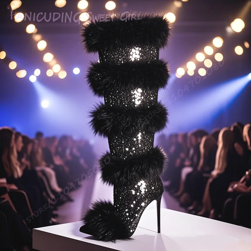 

Black Lace Mesh Hollow Real Fur Wrapped Boots Women Plush Fringe Tassel-Tie Diamond Shiny Pointed Side Zip Booties Casual Shoes