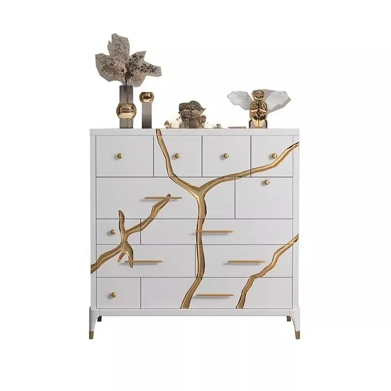 French painted chest of drawers, light luxury solid wood European champagne silver foil bedroom drawer decorative locker s