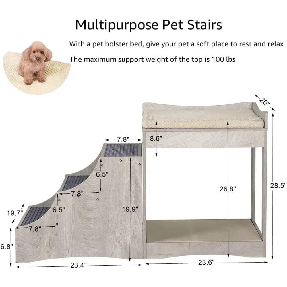 Pet Bunk Bed with Removable Step for Dogs and Cats, Multi-Level Bed Window Perch Seat Platform with Cushion and Cat Scratch Pad