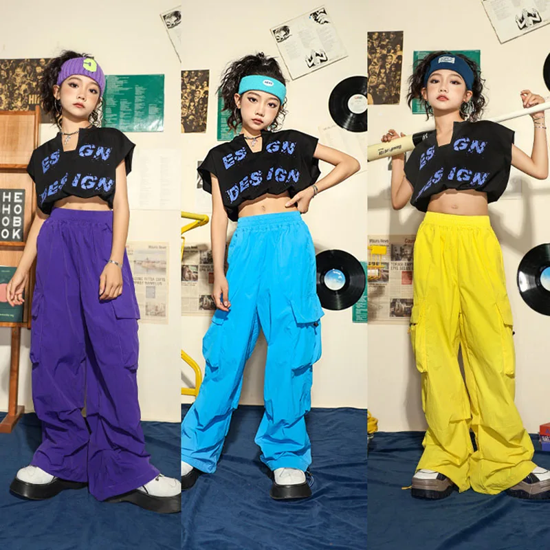 

Kid Kpop Hip Hop Clothing Black Stretch Hem Crop Top T Shirt Purple Casual Cargo Pants for Girl Jazz Dance Wear Costume Clothes