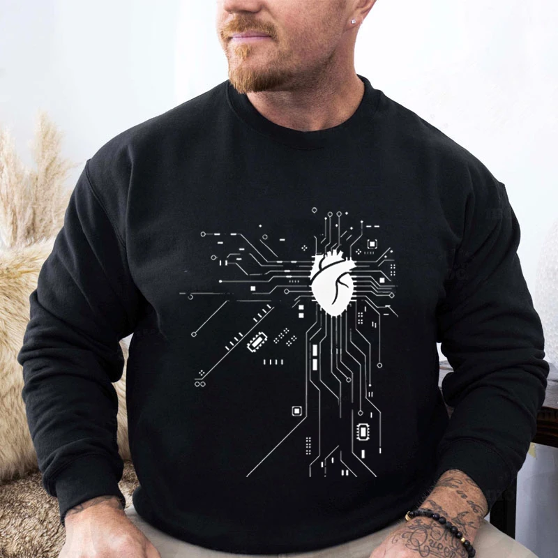 Fashion Heart Circuit Board Creative Men Sweatshirt Crew Neck Long Sleeve Hoodies Circuit Board Technics Hoodless Sportswear