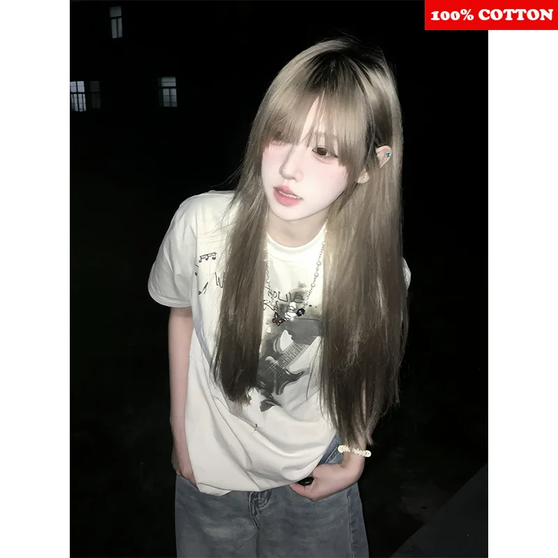 Retro Guitar Printed T-shirt Women's Summer New 100% Cotton American Fashion Street Loose Casual T-shirt Y2k Top Female clothing