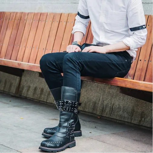 New Style High Top Boots for Men Rivet Punk Style Motorcycle Boots Fashion Outdoor Boots Buckle Strap Comfortable Walking Shoes