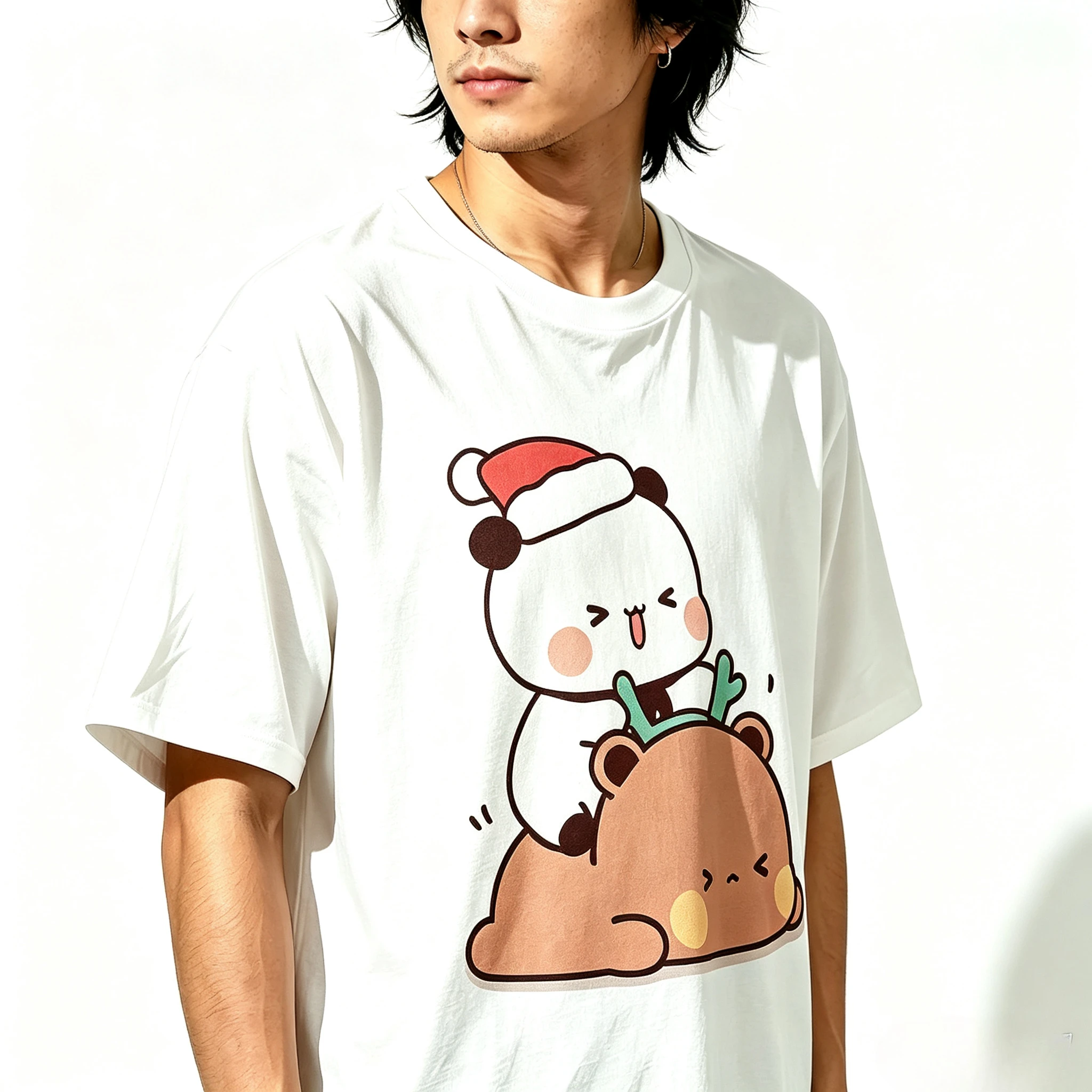 Couple Matching Outfit Cartoon Unisex Loose Short Sleeve Modal T‑Shirt  Adorable Xmas Panda Bear Graphic Tee Daily Matching Tops