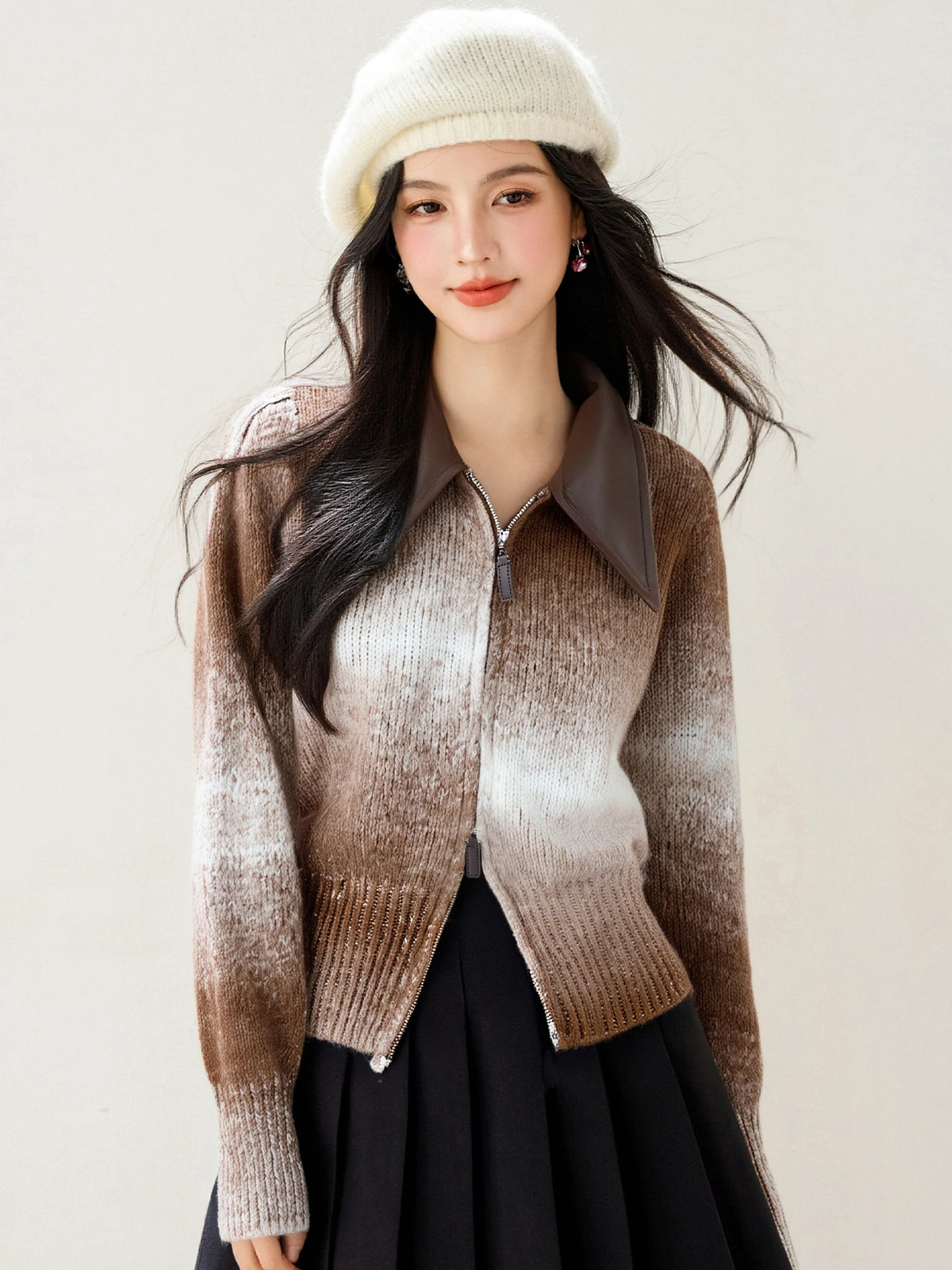 Kardigan Rajut Wanita Kerah Turun Lengan Panjang Gaya Chic, Sweater Longgar Model Korea Terbaru dengan Ritsleting Ganda untuk Wanita