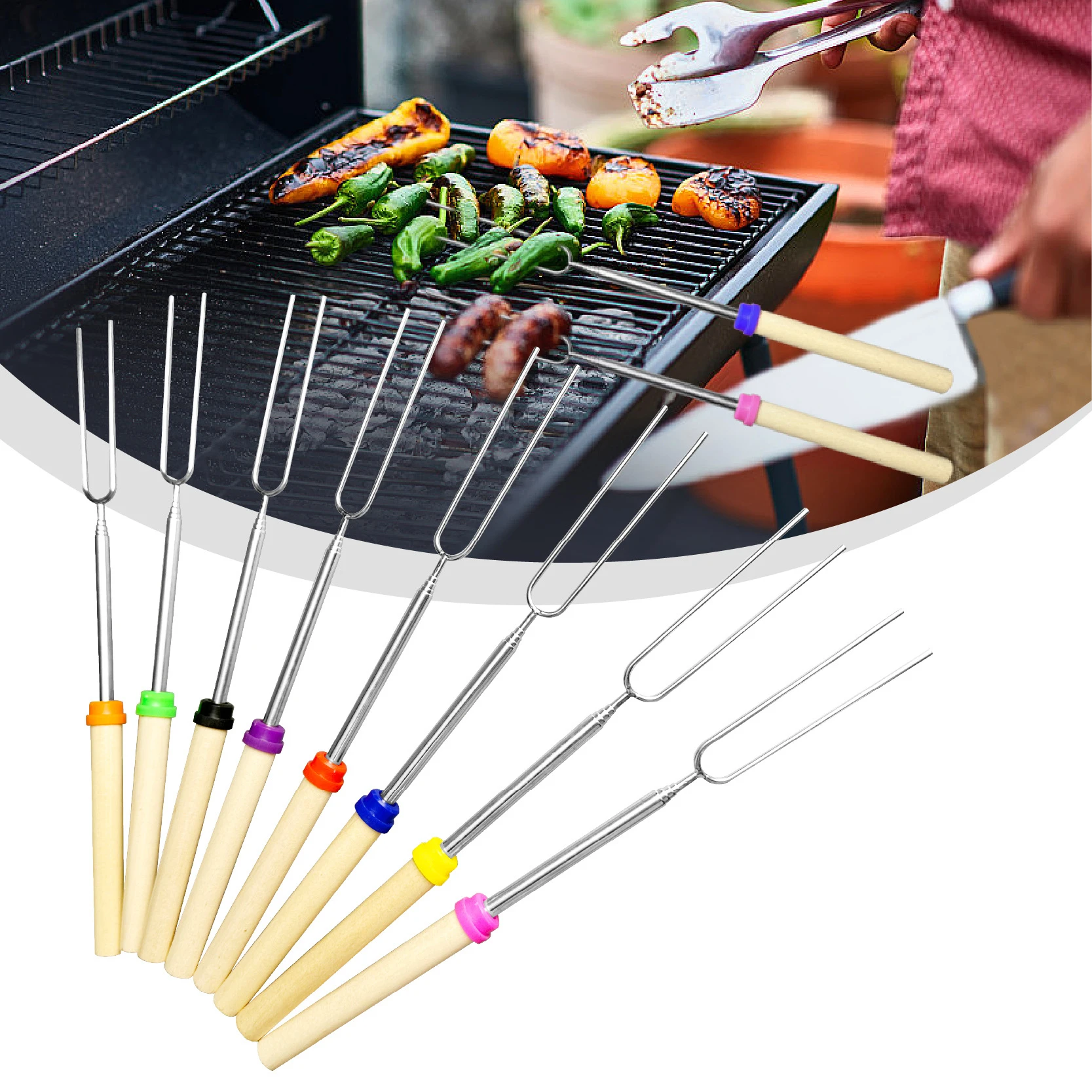 100pcs 10 Color Stainless Steel BBQ Marshmallow Roasting Sticks Kitchen Tools Wooden Handle Extending Roaster Telescoping Retrac
