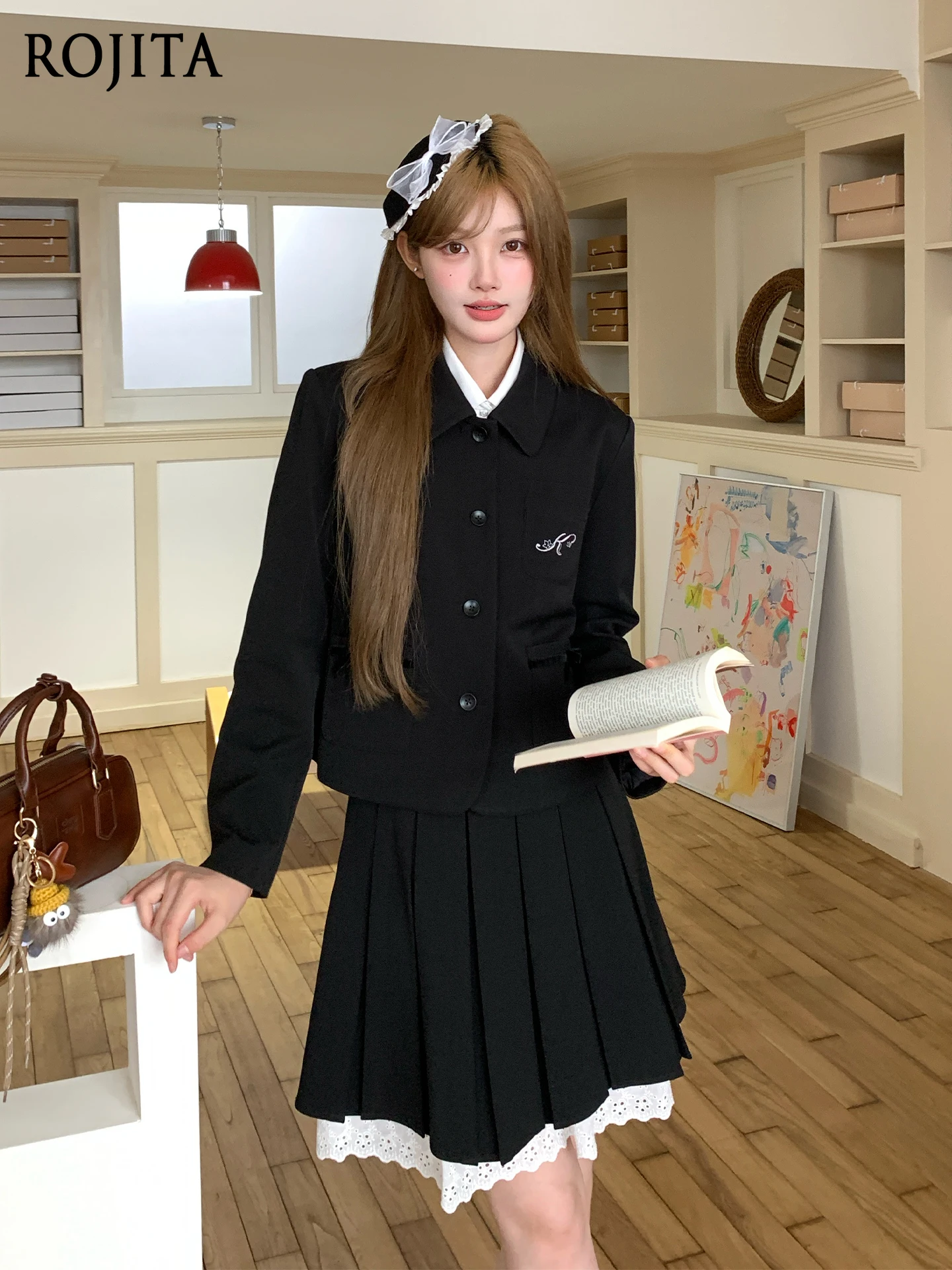

Jk Original College Style Black Suit Women Student Autumn Winter Bow Pocket Blazer Uniform Set