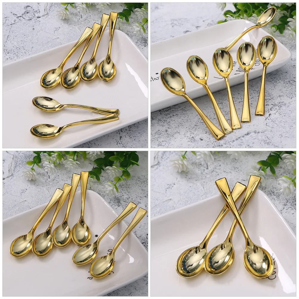 

100pcs Golden Dessert Spoons Plastic One Time Use For Ice Cream Yogurt Cake Pudding Party Supplies Portable Tableware Bulk