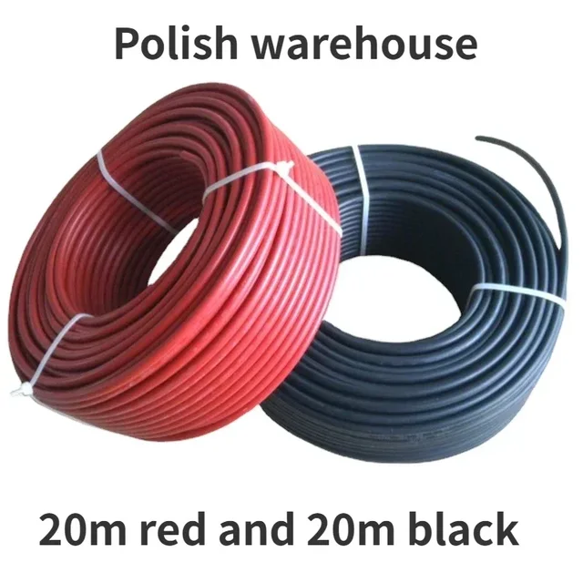 BLUSUNSOLAR 40 metrów/zestaw 1x4/6mm2 Kabel solarny Hurtowy przewód solarny do złącz solarnych, 12/10AWG Kabel PV 20 czerwonych + 20 czarnych
