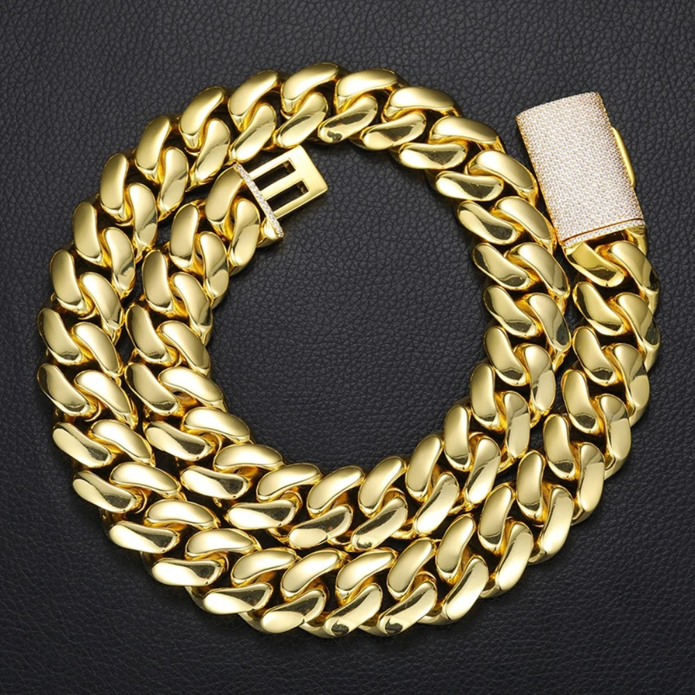 

18K Real Gold Plated Hip Hop Large Cuban Chain Necklace for Men Inlaid with Zircon Miami Heavy Fashion Jewelry Copper Plated
