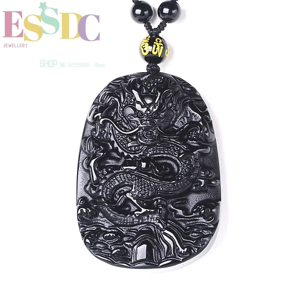 حجر السج الأسود الطبيعي قلادة على شكل تنين الخرز قلادة موضة سحر المجوهرات منحوتة باليد محظوظ تميمة هدايا لها النساء الرجال