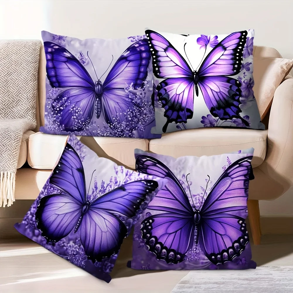 Stunning 4 Piece Throw Pillow Cover Set Butterfly Purple Floral Cushion Accent Home Decor Polyester Living Room Bedroom Pillows