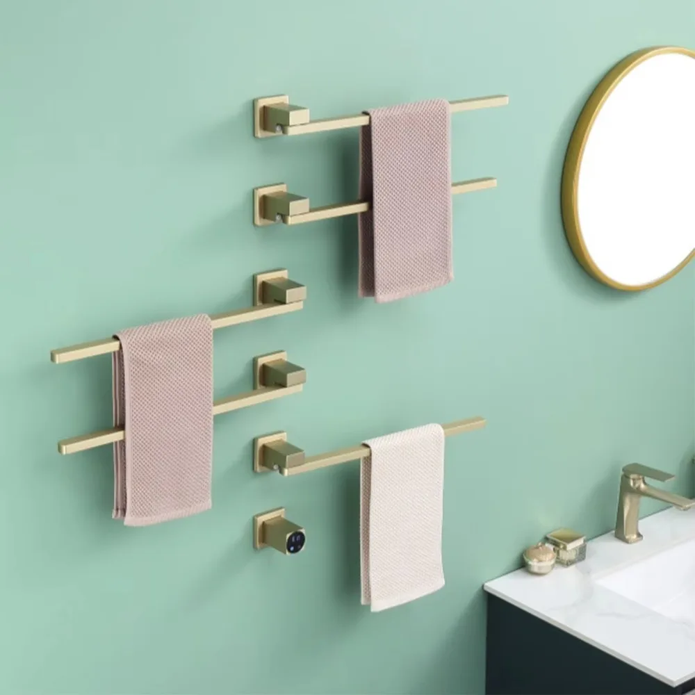 50x51cm Hidden Electric Towel Rails with Waterproof 3 Square Rotatable Heated Rails Brushed Gold Towel Warmer Rack