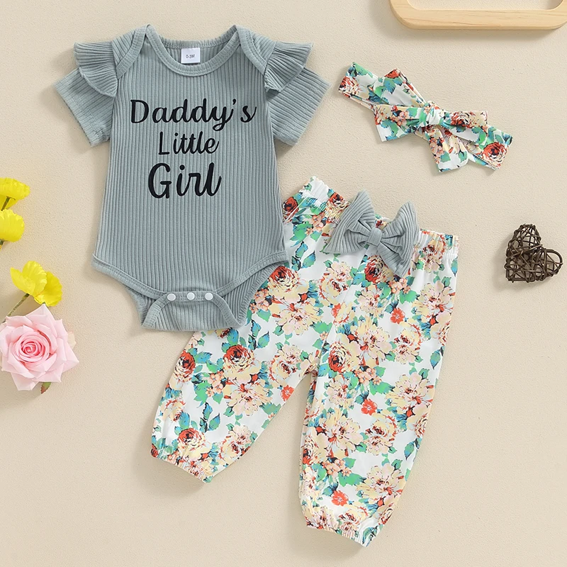 2024-04-15 Lioraitiin 0-18M Zomer Baby Meisjes Outfit Brief Print Korte Mouwen Romper En Gebloemde Broek Hoofdband Set