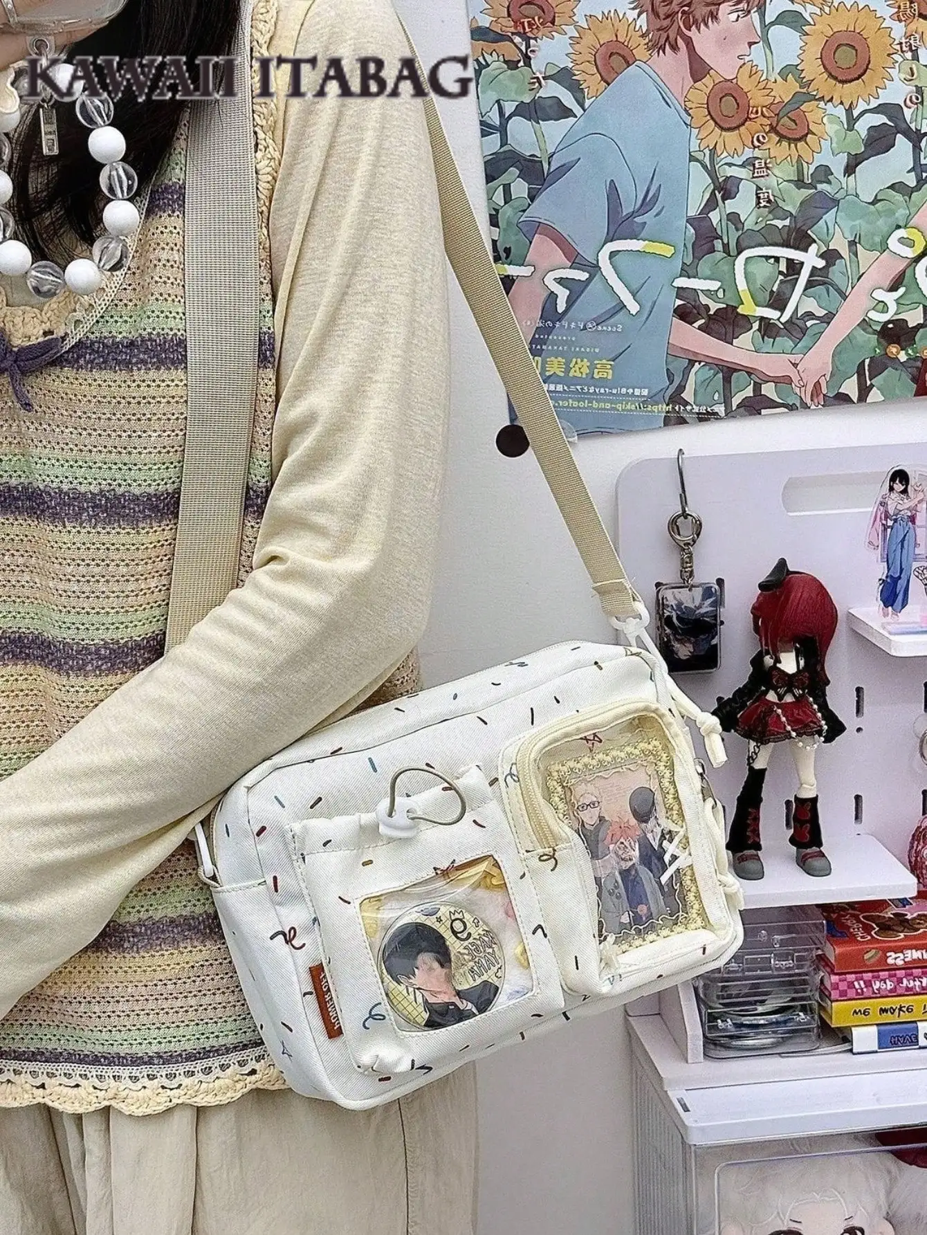 

Cute Lolita Small Crossbody Bags Kawaii Japanese Style Ita Bag Girls Fit 10cm Dolls DIY Transparent Shoulder Bag Women Stars Print Nylon Bag Purses And Handbags Anime Fans Concert Bag Display Badges Mini Bag