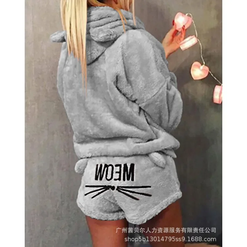 Two-Piece Set Outfits Solid Color Hoodies Autumn Cat Embroidered Pajamas Hooded Casual Suit Pullovers Casual Shorts