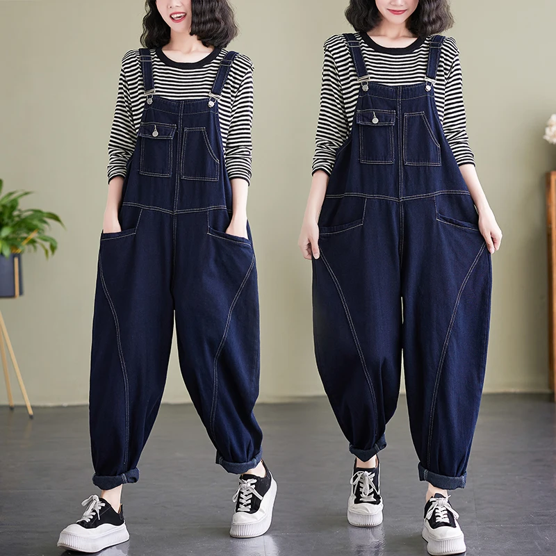 Loose Oversized Jeans Jumpsuit Women Casual Streetwear Wide Leg Denim Overalls Vintage Dark Blue Dungarees Straps Baggy Pants