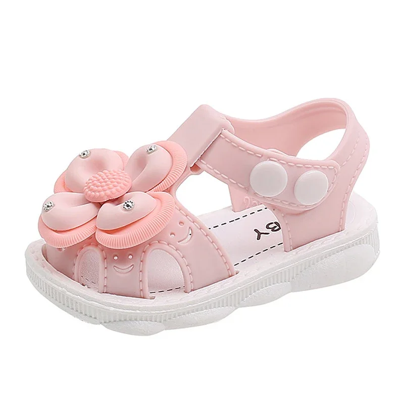 Summer Flowers PVC Children Sandals Princess Anti Slip Toddler Kids Beach Shoes Soft Button Baby Girls Flat Sandals