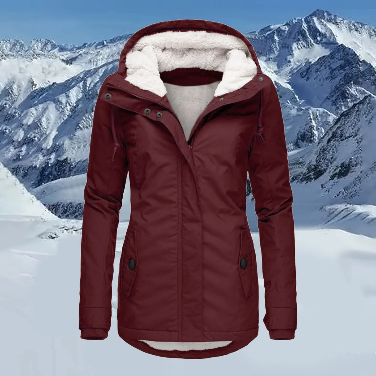 Zipper Outdoor Jacket for Women Warm Windproof Waterproof Mountaineering Hooded Coat Autumn Winter Long Sleeve Solid Color Tops